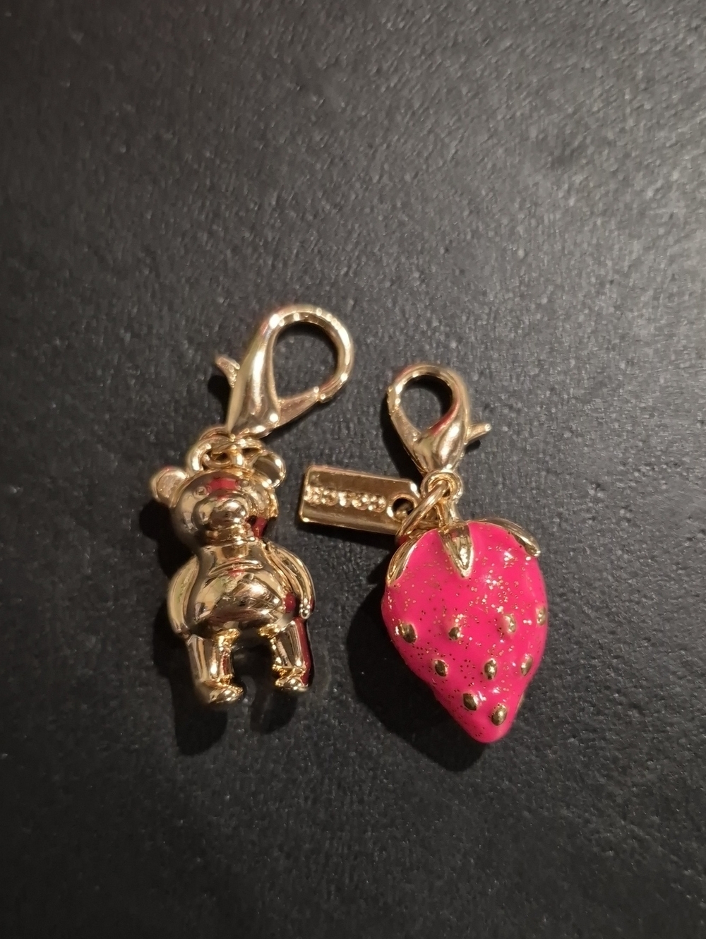 Coach Repuposed Gold Bear and Hot Pink Strawberry Charm Set Of 2